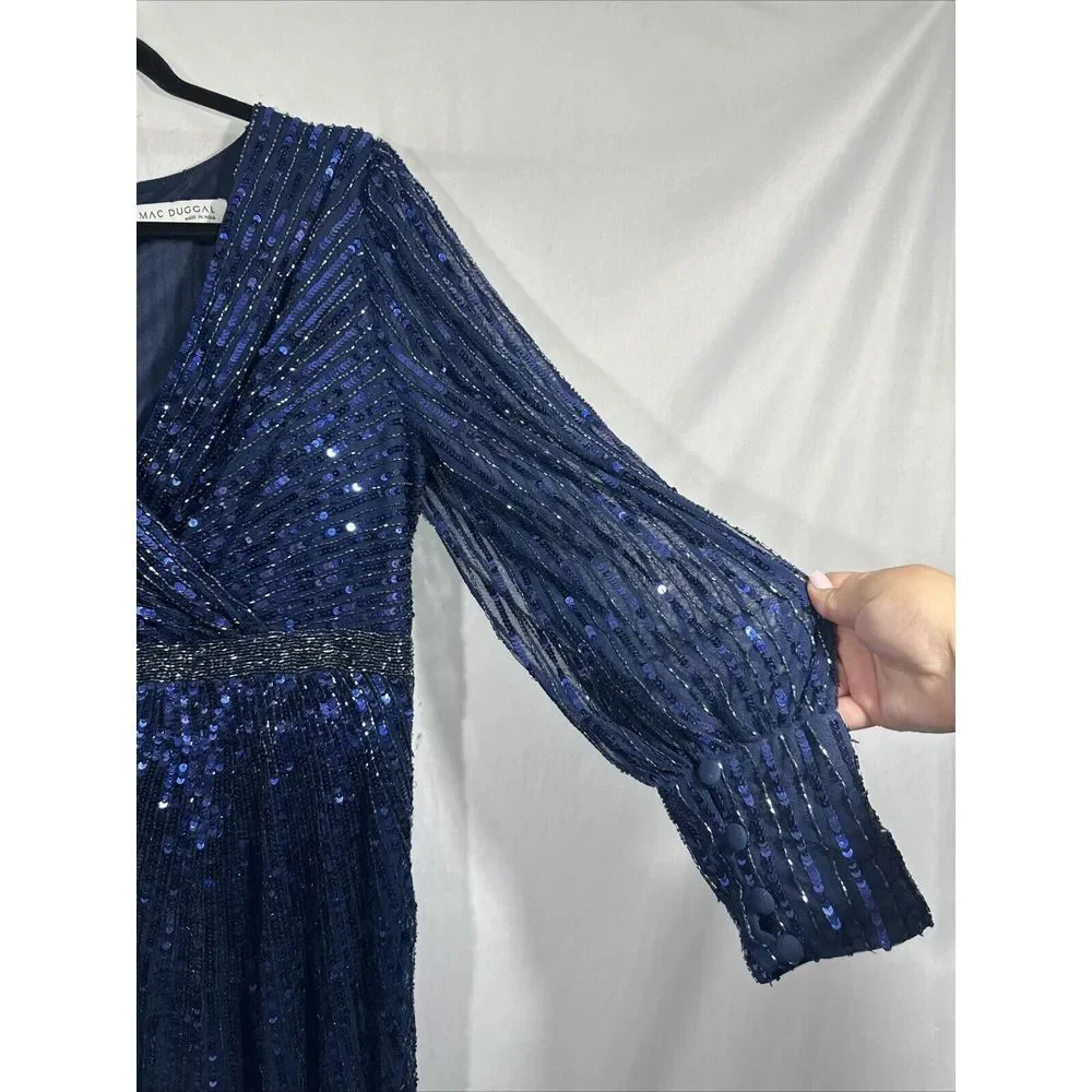 NWT $598 Mac Duggal [ 12 ]‎ 5501 Sequined Wrap Over Bishop Sleeve Gown Blue - Picture 12 of 16